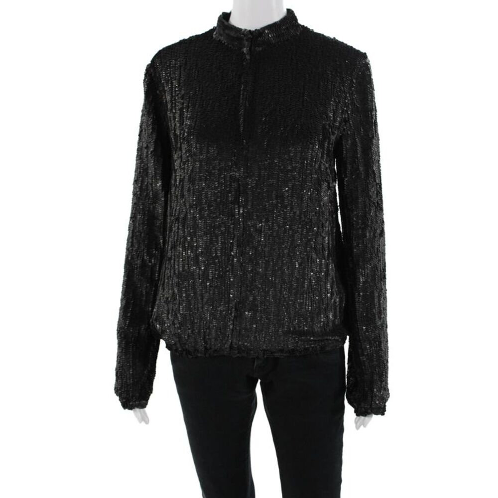 Gryphon New York Women Black Silk Mock Neck Zip Long Sleeve Blouse 80s Size S